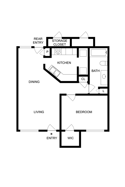 Floor plan for 1 bed, 1 bath, 711 sqft